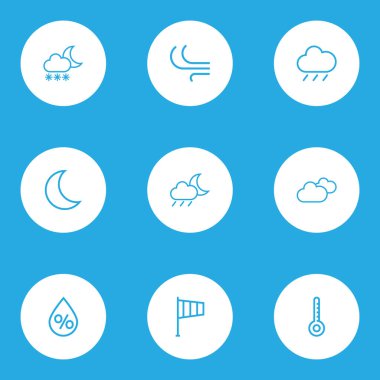 Hava simgeleri çizgi stili yağış, bayrak, bulutlu gökyüzü ve diğer yağmur öğeleri ile ayarlayın. İzole vektör çizim hava simgeleri.