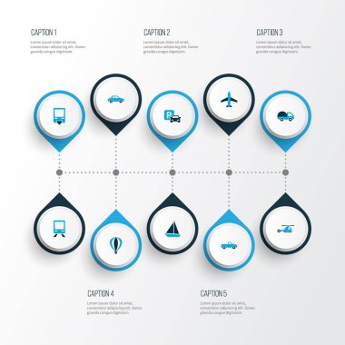 Ulaşım simgeler kümesi pikap, bogie, işaret ve diğer helikopter öğeleri ile renkli. İzole vektör çizim ulaşım simgeler.