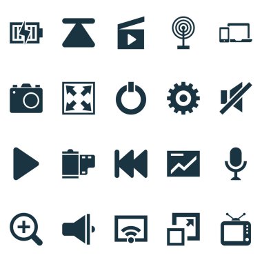 Sesi kapatma, klaket, oyun ve diğer geri sarma elemanları ile Multimedia Icons set. İzole vektör çizim multimedya simgeler.