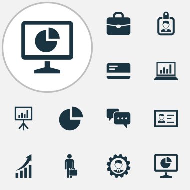 Evrak Çantası'nı, kimlik, analytics ve sohbet diğer öğeleri ile ticaret Icons set. İzole vektör çizim ticaret simgeler.