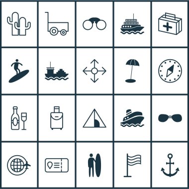 Turizm Icons set ile sörf, şampanya, çadır ve diğer PIN öğeleri ile. İzole vektör çizim Turizm simgeler.