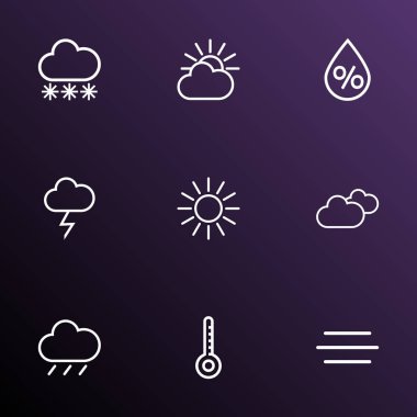 Nem, Güneş, kar yağışı ve diğer rüzgar öğeleri ile ayarla simgeler çizgi stili hava. İzole vektör çizim hava simgeleri.