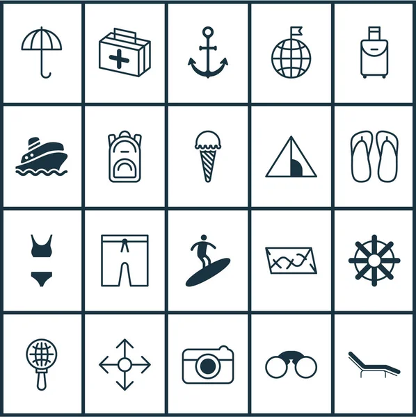 Turism ikoner set med parasol, glass, besökta landet och andra resa handväska element. Isolerade vektor illustration turism ikoner. — Stock vektor
