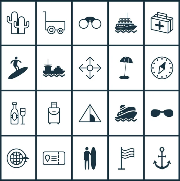 Icone turistiche con surf, champagne, tenda e altri elementi pin. Isolato vettore illustrazione icone del turismo . — Vettoriale Stock