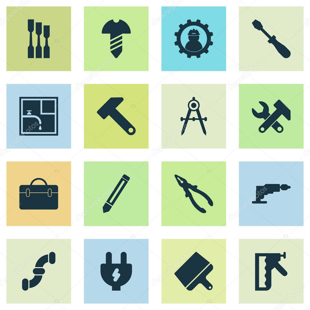 Construction icons set with working, dividers, electric plug and other plumbing elements. Isolated vector illustration construction icons.
