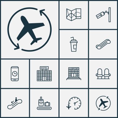 Seyahat seyahat etmek harita, koltuklar, kez telefon ve diğer yol harita öğeleri ile ayarla simgeler. İzole illüstrasyon seyahat simgeler.