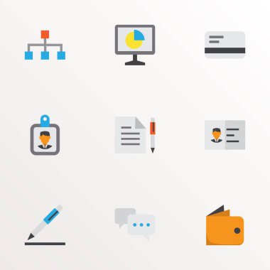 İş ikonları/simgeleri stil analytics, konuşma, sözleşme ve diğer sözleşme öğeleri kümesi düz. İzole illüstrasyon iş ikonları/simgeleri.