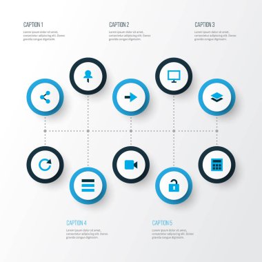 Kullanıcı simgeleri ile katman, yeniden yükle, göstermek ve diğer raptiye öğeleri kümesi renkli. İzole illüstrasyon Kullanıcı simgeleri.