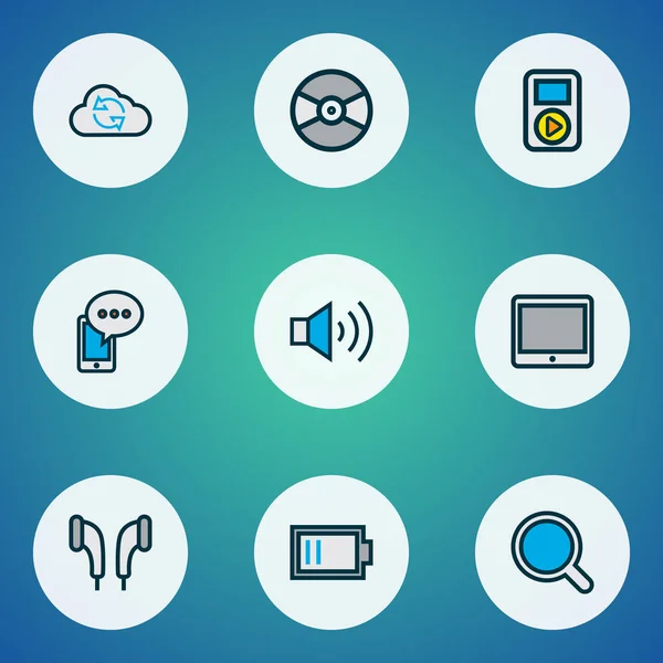 Iconos multimedia línea de color conjunto con vinilo, orejera, tableta y otros elementos de lupa. Iconos multimedia de ilustración aislada . — Foto de Stock