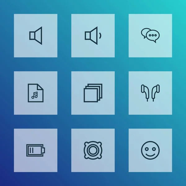 媒体图标线风格设置与 emoji 表情, 护耳, 低电池和其他微笑元素。独立的插图媒体图标. — 图库照片
