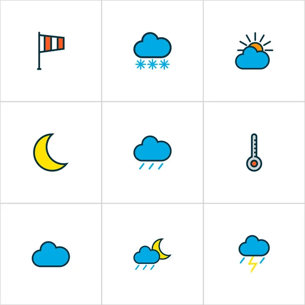 Εικονίδια καιρού έγχρωμης γραμμής με σταγόνα βροχής, τα μεσάνυχτα, βαθμού και άλλα στοιχεία σημαία. Απομονωμένη εικονογράφηση εικονίδια καιρού. — Φωτογραφία Αρχείου