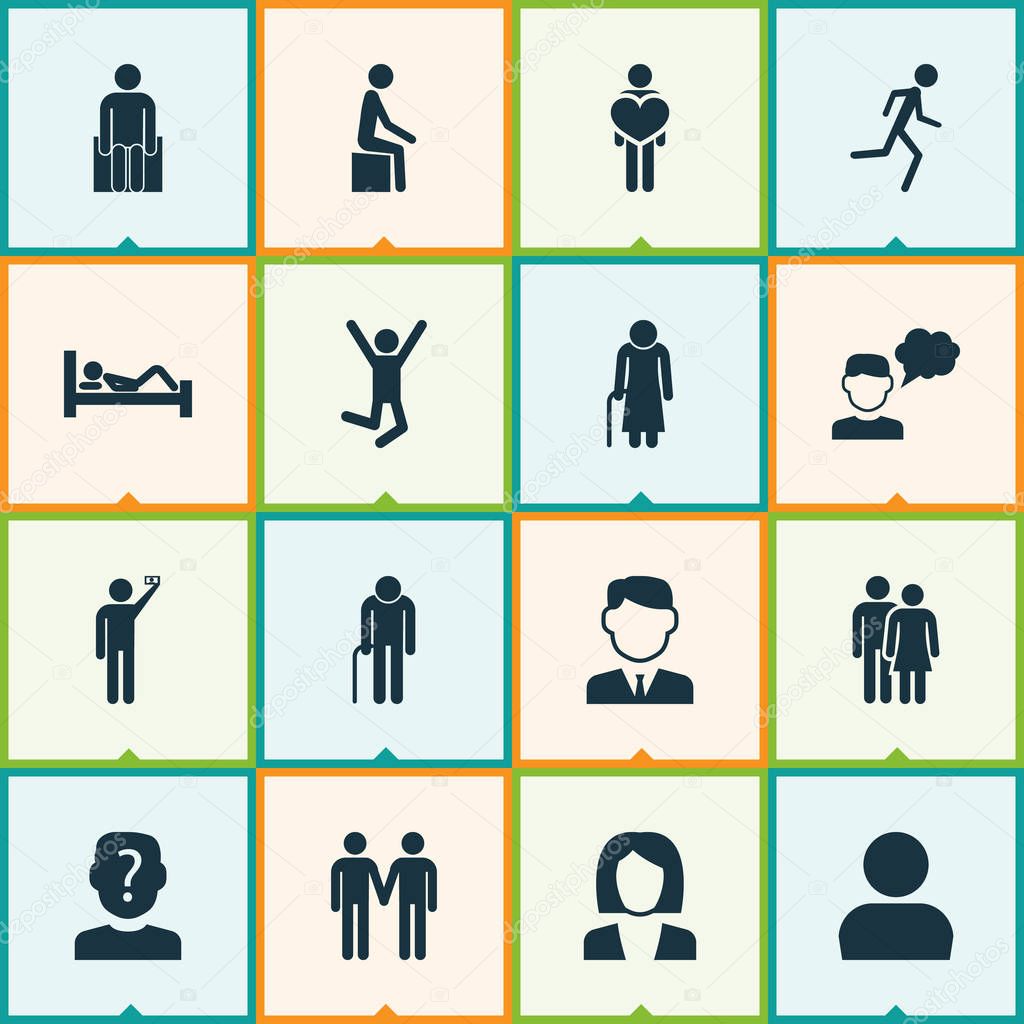 People icons set with friends, jogging, doing selfie and other beloveds elements. Isolated  illustration people icons.