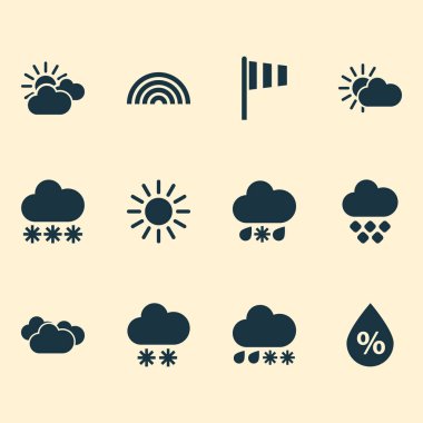 Hava simgeleri çiseleyen yağmur ile güneşli, nem ve diğer dolu öğelerini ayarlayın. İzole vektör çizim hava simgeleri.