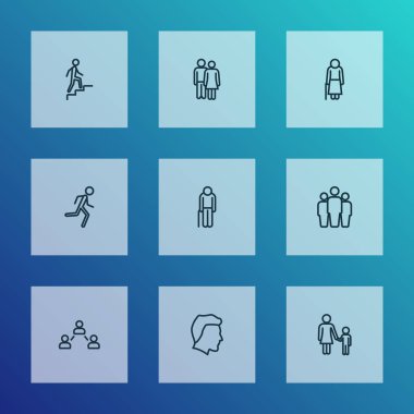İnsanlar simgeler stil koşu, sevgilisi, baş ve tırmanma diğer öğeleri ile kümesi satır. İzole vektör illüstrasyon insanlar simgeler.