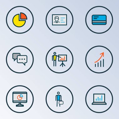 İş simgeleri renkli çizgi tanıtımı, pasta grafik, bilgisayar analytics ve diğer pasta grafiği ile öğeleri ayarlayın. İzole vektör illüstrasyon iş simgeleri.