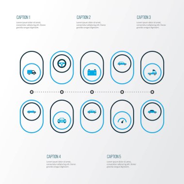 Otomatik simgeler kümesi akümülatör, hatchback, kronometre ve diğer kamyon öğeleri ile renkli. İzole vektör çizim otomatik simgeler.