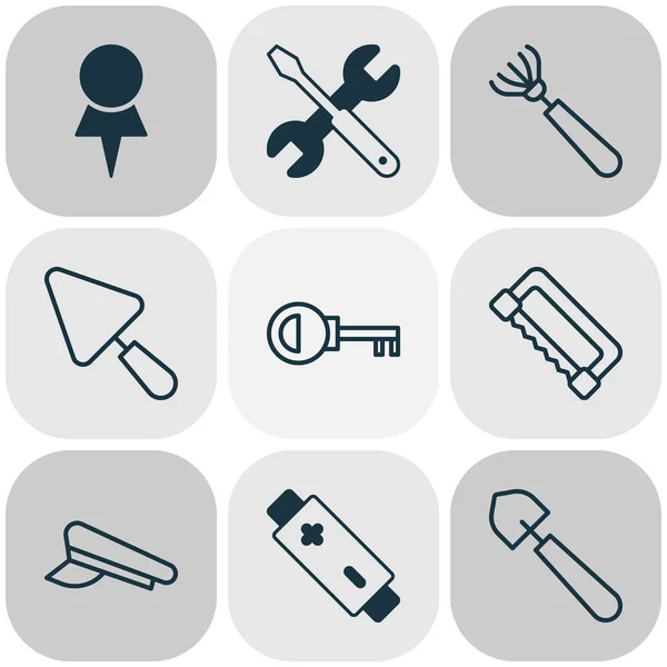 Conjunto de iconos de herramientas con sierra, sombrero piloto, herramientas de reparación y otros elementos de contraseña. Iconos de herramientas de ilustración vectorial aislado . — Archivo Imágenes Vectoriales