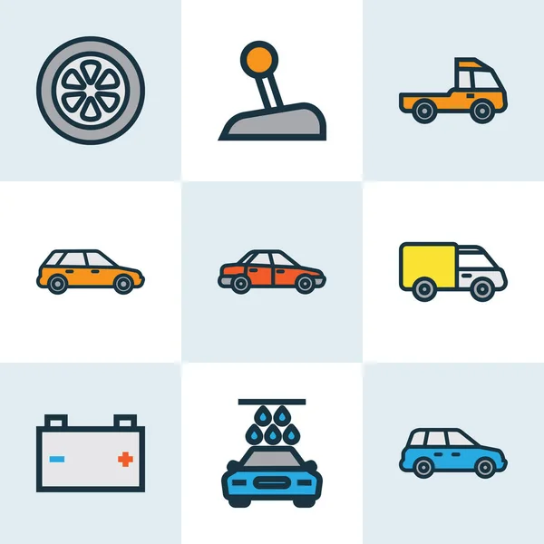 Auto icone linea colorata set con lavaggio auto, crossover, prime-mover e altri elementi di livello. Isolato vettoriale illustrazione auto icone . — Vettoriale Stock