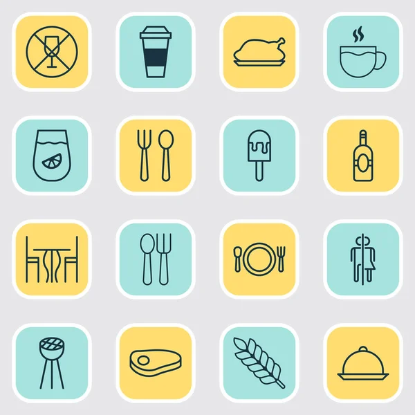 Conjunto de iconos de café con plato, planta, gallina asada y otros elementos de té. Iconos de café de ilustración vectorial aislado . — Vector de stock