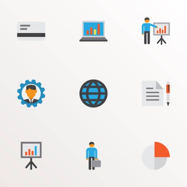 İş simgeleri düz stil öğeleri ile Müdür, daire grafiği, iş sunumu ve diğer iş adam ayarla. İzole vektör illüstrasyon iş simgeleri.