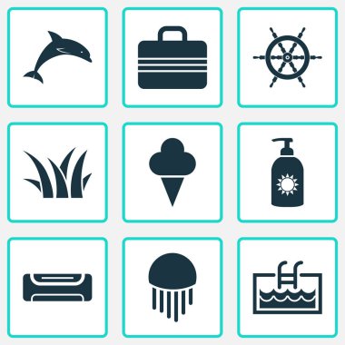 Yaz simgeleri ile bavul, çim, ayarla gemi dümen ve diğer yüzme öğeleri. İzole vektör çizim yaz simgeler.