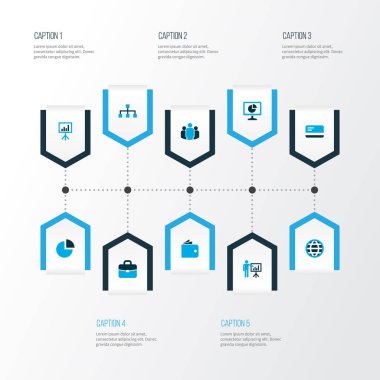 Ticaret simgeler kümesi ile analitik, sunu kurulu, faturaları ve diğer portföy öğeleri renkli. İzole vektör çizim ticaret simgeler.
