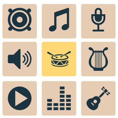 Müzik simgeleri mikrofon, ARP, davul ve diğer lir öğeleri ile ayarlayın. İzole vektör illüstrasyon müzik simgeleri.