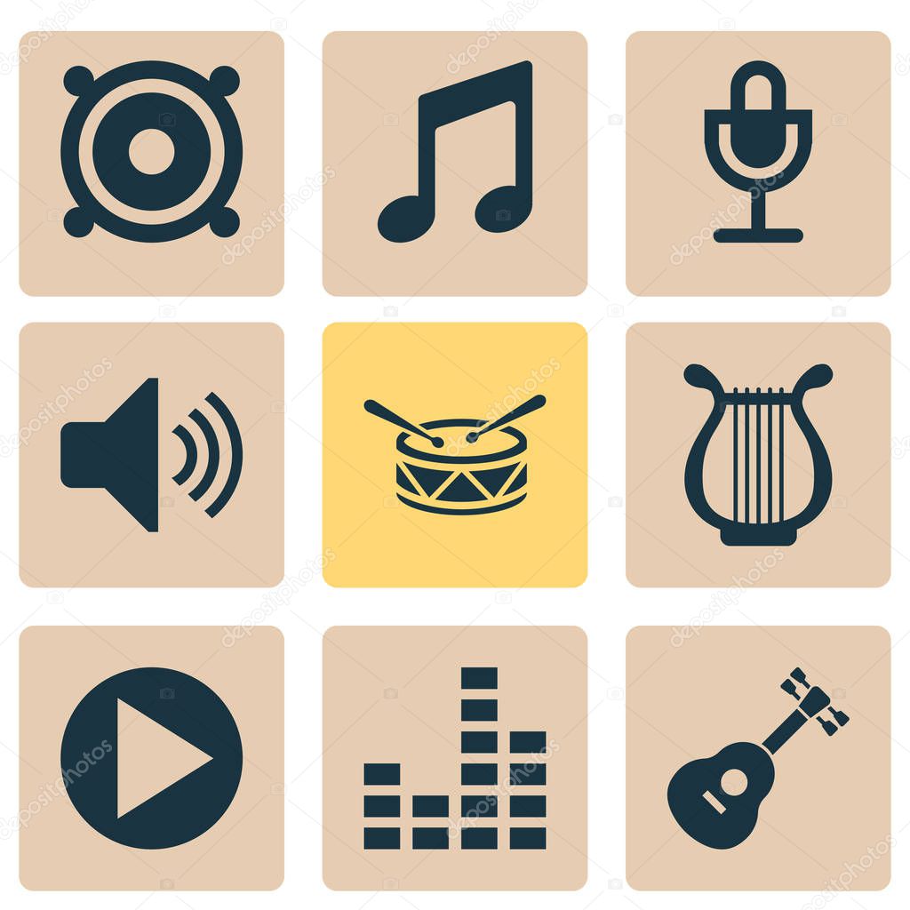 Music icons set with microphone, harp, drum and other lyre elements. Isolated vector illustration music icons.