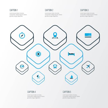 Keşif simgeler kümesi konumu, Gezgin, autobus ve diğer banka kartı öğeleri ile renkli. İzole vektör illüstrasyon keşif simgeler.