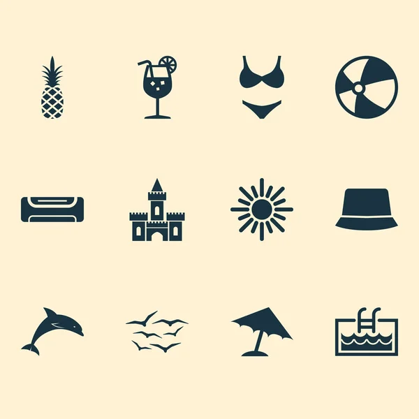 Conjunto de iconos de temporada con piscina, castillo de arena, trajes de baño elementos bikini. Iconos de temporada de ilustración vectorial aislado . — Archivo Imágenes Vectoriales