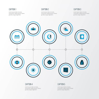 Tatil simgeler mussulmans, hilal, asr ve diğer dini öğeleri kümesi renkte. İzole illüstrasyon tatil simgeler.