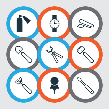 Araçlar Icons set ile kürek, Mala, yangın söndürücü ve diğer harrow öğeleri ile. İzole illüstrasyon simge araçları.