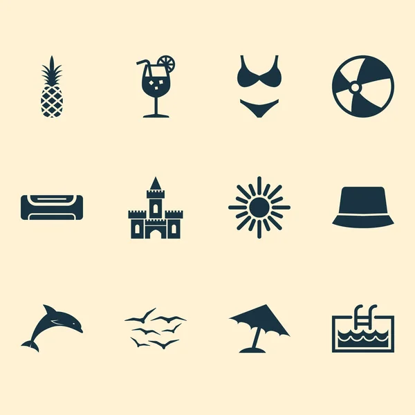 Conjunto de iconos de temporada con piscina, castillo de arena, trajes de baño elementos bikini. Iconos de la temporada de ilustración aislada . —  Fotos de Stock