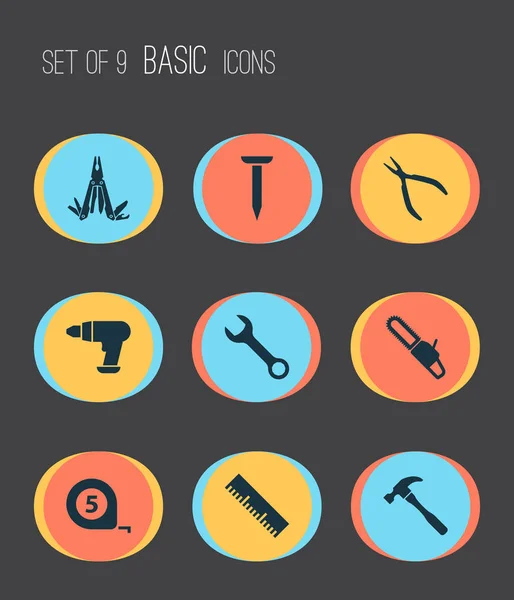 Handtools ícones conjunto com chave, motosserra, prego e outros elementos de chave. Ícones de ferramentas manuais de ilustração isolados . — Fotografia de Stock