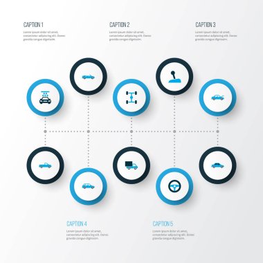 Otomobil simgeler kümesi ile Aktarım Temizleme, otomobil, sopa ve diğer van öğeleri renkli. İzole vektör çizim otomobil simgeler.