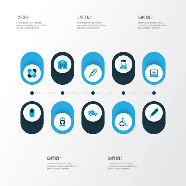Icônes de médicaments colorés ensemble avec des médicaments, voiture, équipement et autres éléments de l'hôpital. Illustration vectorielle isolée icônes de drogue . — Image vectorielle