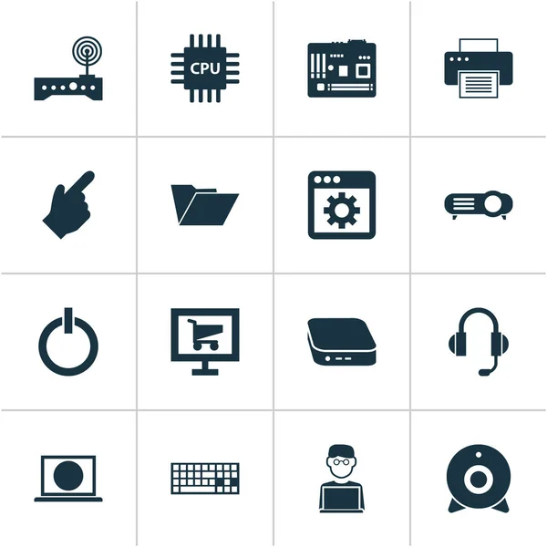 Icone gadget impostate con cursore, proiettore, tastiera e altri elementi della scheda madre. Isolato icone gadget illustrazione vettoriale . — Vettoriale Stock