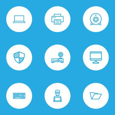 Bilgisayar simgeleri stil klasörü, dizüstü bilgisayar, yönlendirici ve diğer tuş takımı öğeleri kümesi satır. İzole illüstrasyon bilgisayar simgeler.