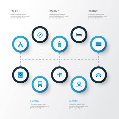 Simgeler Seyahat Bagaj, taksi, mıknatıs gezinti ve diğer passport öğeleri kümesiyle renkli. İzole illüstrasyon simgeler seyahat.