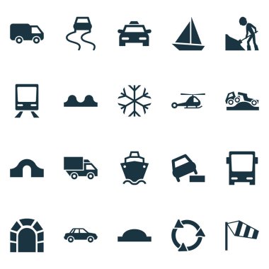 Seti ile tünel önde, otobüs, dikkat sevk irsaliyesi simgeler ve öğeleri kambur diğer yol. İzole illüstrasyon sevk irsaliyesi simgeler.