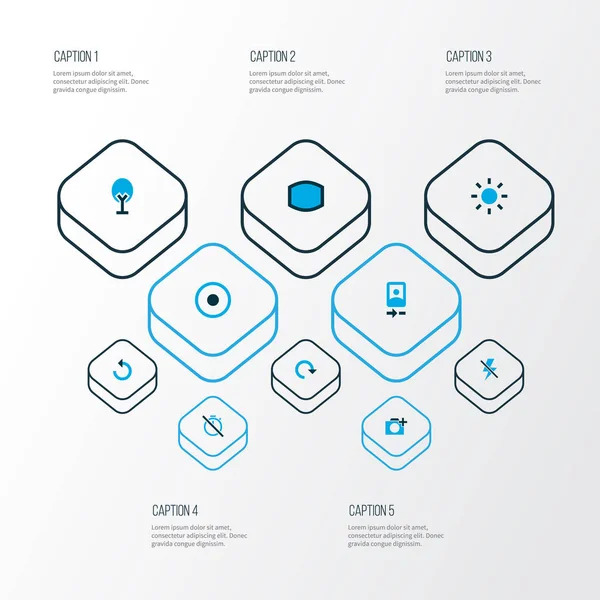 Foto pictogrammen gekleurd met camera voorzijde, natuur, herladen en andere geen timer-elementen instellen. Geïsoleerde afbeelding foto pictogrammen. — Stockfoto