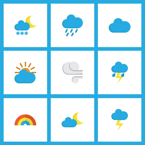 Clima icone in stile piatto con focolaio, gelo, nuvoloso e altri elementi di prua. Isolato illustrazione icone del clima . — Foto Stock
