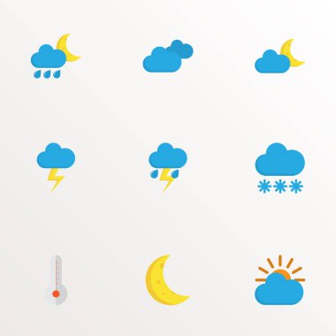 İklim simgeler stil moon, termometre, duş ve diğer ay öğeleri kümesi düz. İzole vektör çizim iklim simgeler.