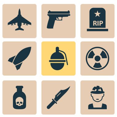 Bıçak, el bombası, zehir ve diğer RIP öğeleri ile mücadele Icons set. İzole vektör çizim mücadele simgeler.