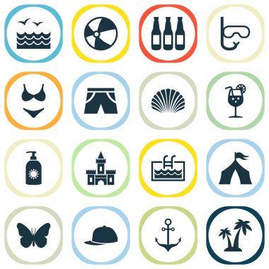 Güneş kremi, avuç içi, havuzu ve diğer eritme öğeleri ile yaz Icons set. İzole vektör çizim yaz simgeler.