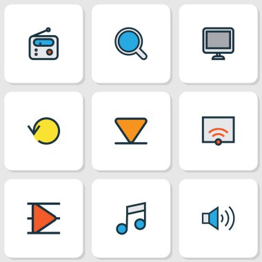 Medya Simgeler satır kümesi ile göstermek, aşağı ok, ses seviyesi açma ve diğer ekran öğeleri renkli. İzole vektör çizim medya simgeler.