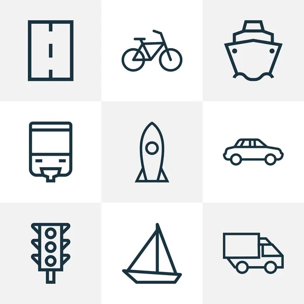 Lieferung Symbole Linie Stil-Set mit Segelboot, LKW, Weg und andere Ampelelemente. Isolierte Vektor-Abbildung Sendungssymbole. — Stockvektor