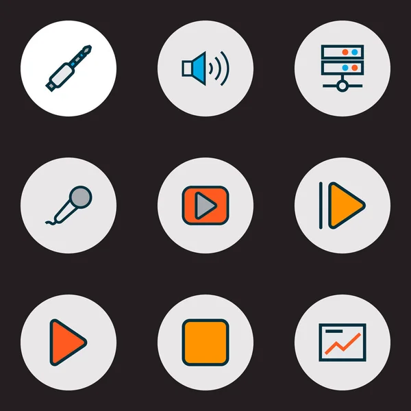 Gekleurde lijn van media iconen set met mediaserver, omhoog, presentatie en andere pauze elementen. Geïsoleerde vector illustratie media iconen. — Stockvector