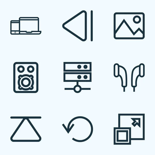 Media icons line style set con amplificatore, top, paraorecchie e altri elementi di immagine. Isolato vettoriale illustrazione media icone . — Vettoriale Stock