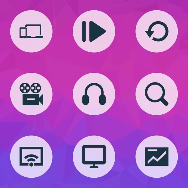 Multimedia icons set with display, camera, replay and other earmuff elements. Isolated vector illustration multimedia icons. — Stock Vector